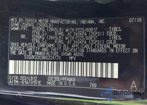 2008 Toyota Sienna Xle из США, поврежденный, VIN 5TDZK22C98S224770